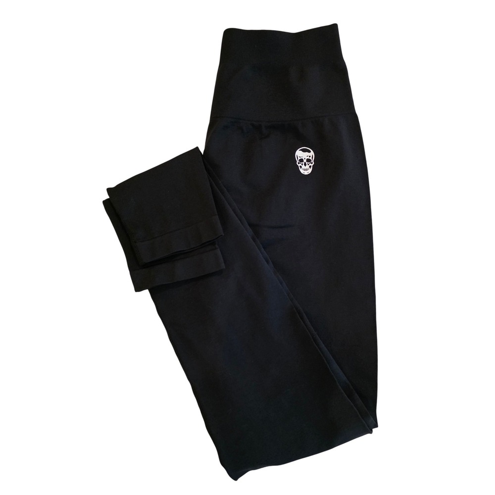 Gymreapers Women Seamless High Waist Scrunch Butt Leggings Black Skull Logo S